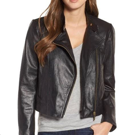 michael michael kors genuine lambskin leather moto jacket|Michael Kors black leather jacket.